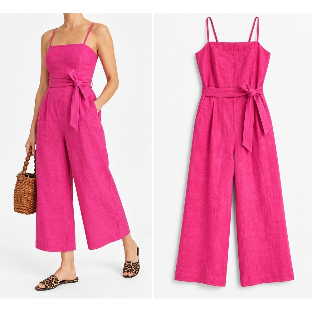 J.Crew NWT Women Pink 100% Linen Wide Leg Belted Jumpsuit- Size 14